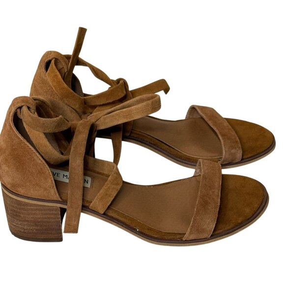 Steve Madden Suede Ankle Tie Block Heel Sandals Rizzaa Tan 7.5 - Picture 4 of 11